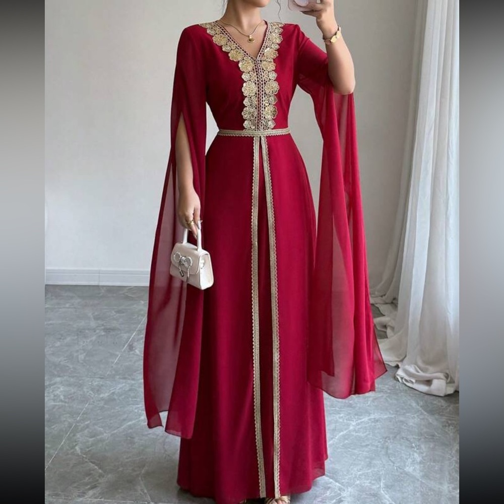 Elegant Red Evening Gown with Gold Accents